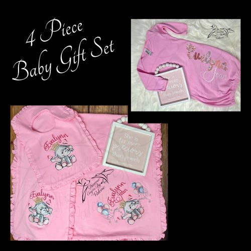 4 Piece Embroidered Baby Elephant Gift Set
