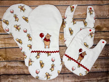 Load image into Gallery viewer, Winnie The Pooh with Red Balloon Baby Bib &amp; Burp Cloth Set