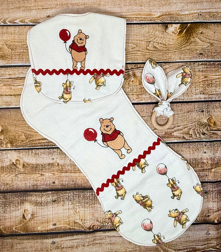 Winnie The Pooh with Red Balloon Baby Bib & Burp Cloth Set